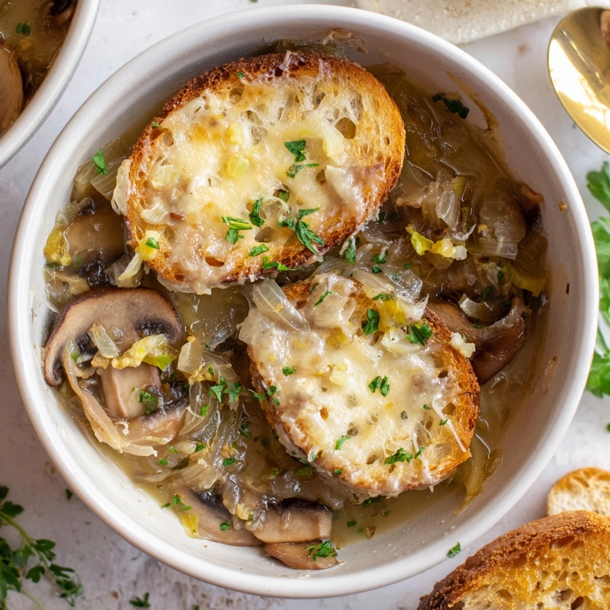 Warm, creamy French Onion Mushroom Soup, rich with Gruyère and baguette, ready to enjoy.