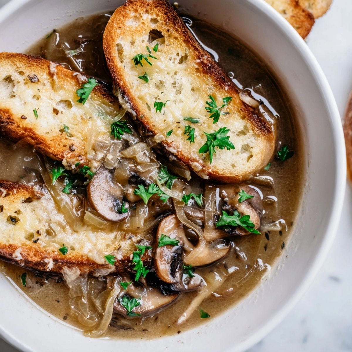 Close-up of Creamy French Onion Mushroom Soup garnished with herbs; savory layers visible.