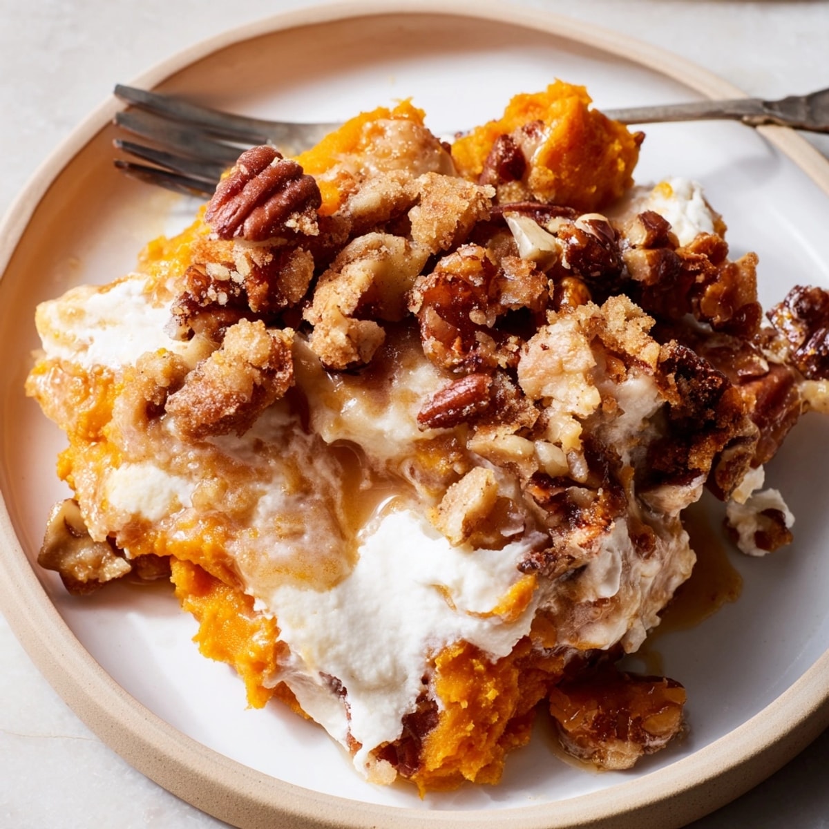 Golden Bourbon Sweet Potato Casserole, shot from above, shows crunchy pecan streusel detail.