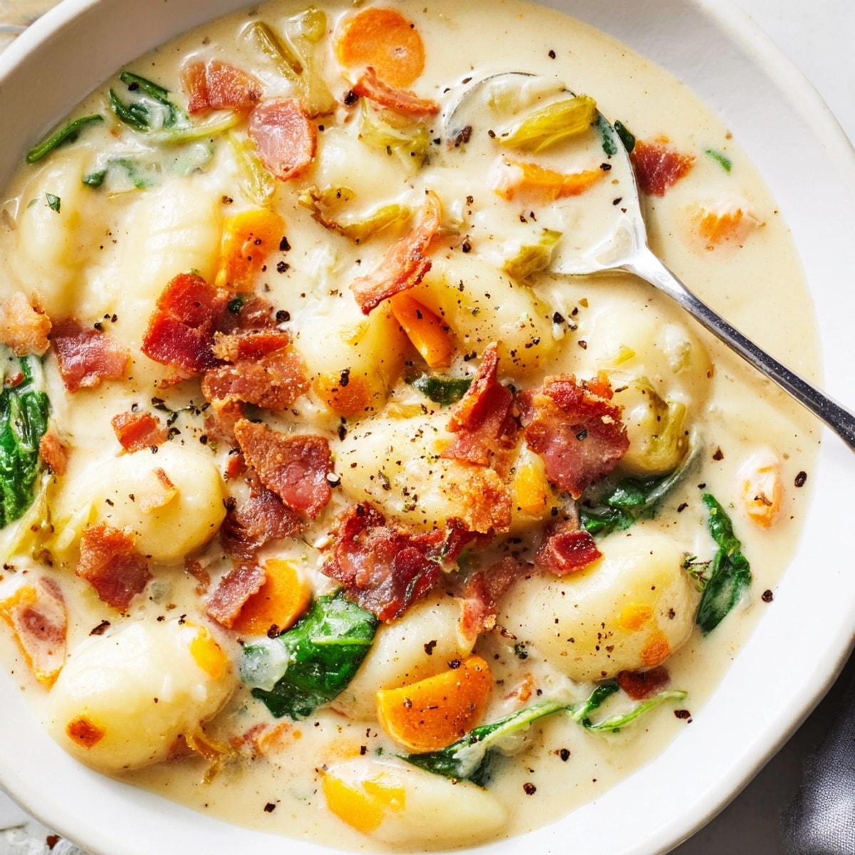 Creamy Gnocchi Soup with Bacon recipe: a comforting, creamy bowl with herbs and bacon.