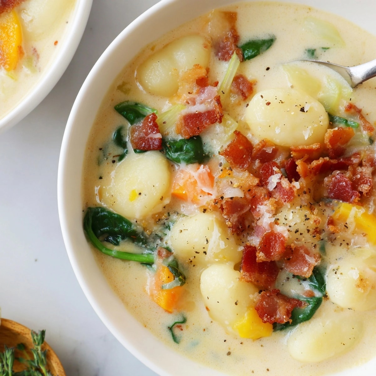 Easy Creamy Gnocchi Soup with Bacon: see the steam swirling from rich Italian-American comfort.