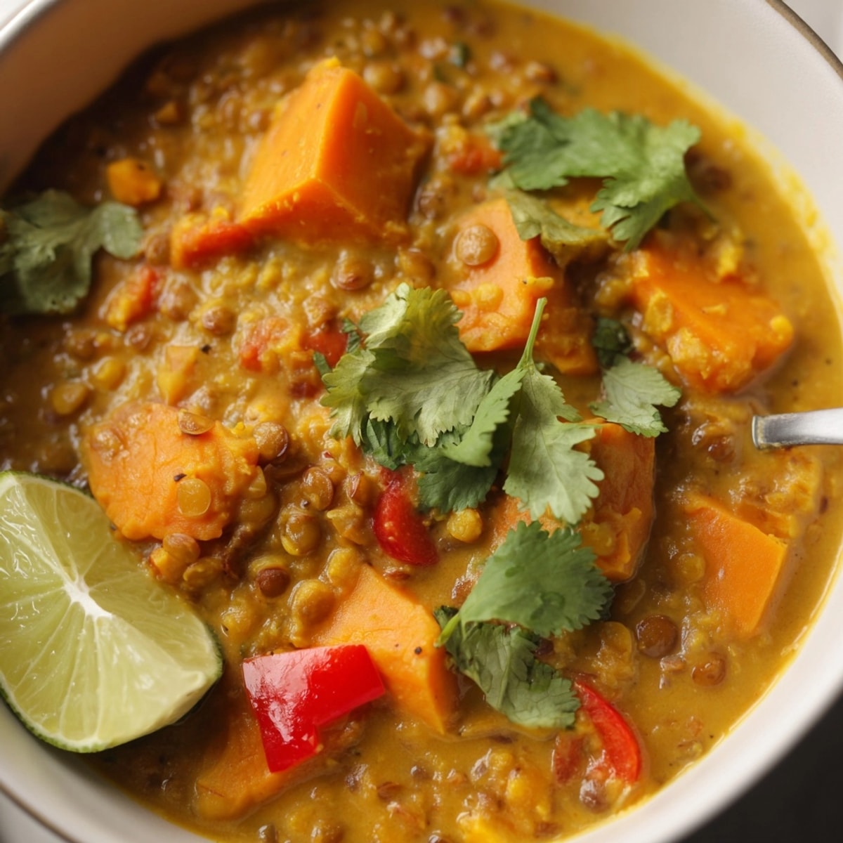 Creamy Sweet Potato Lentil Curry in bowl, topped with cilantro, ready to serve.