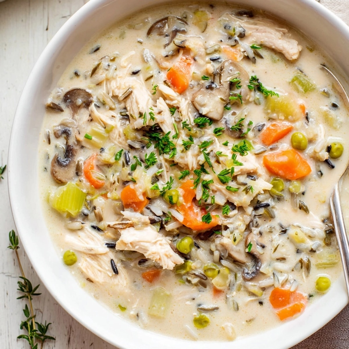 Creamy Wild Rice Chicken Soup: A steaming bowl filled with savory, comforting flavors.