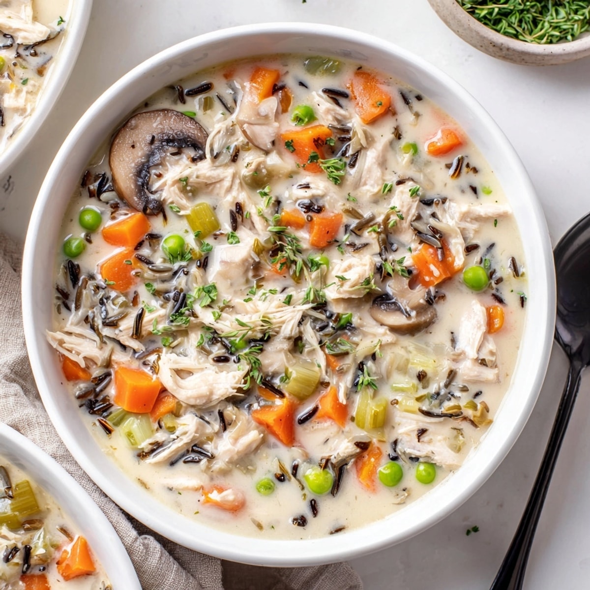 Homemade Creamy Wild Rice Chicken Soup simmering, fragrant with thyme and tender vegetables.