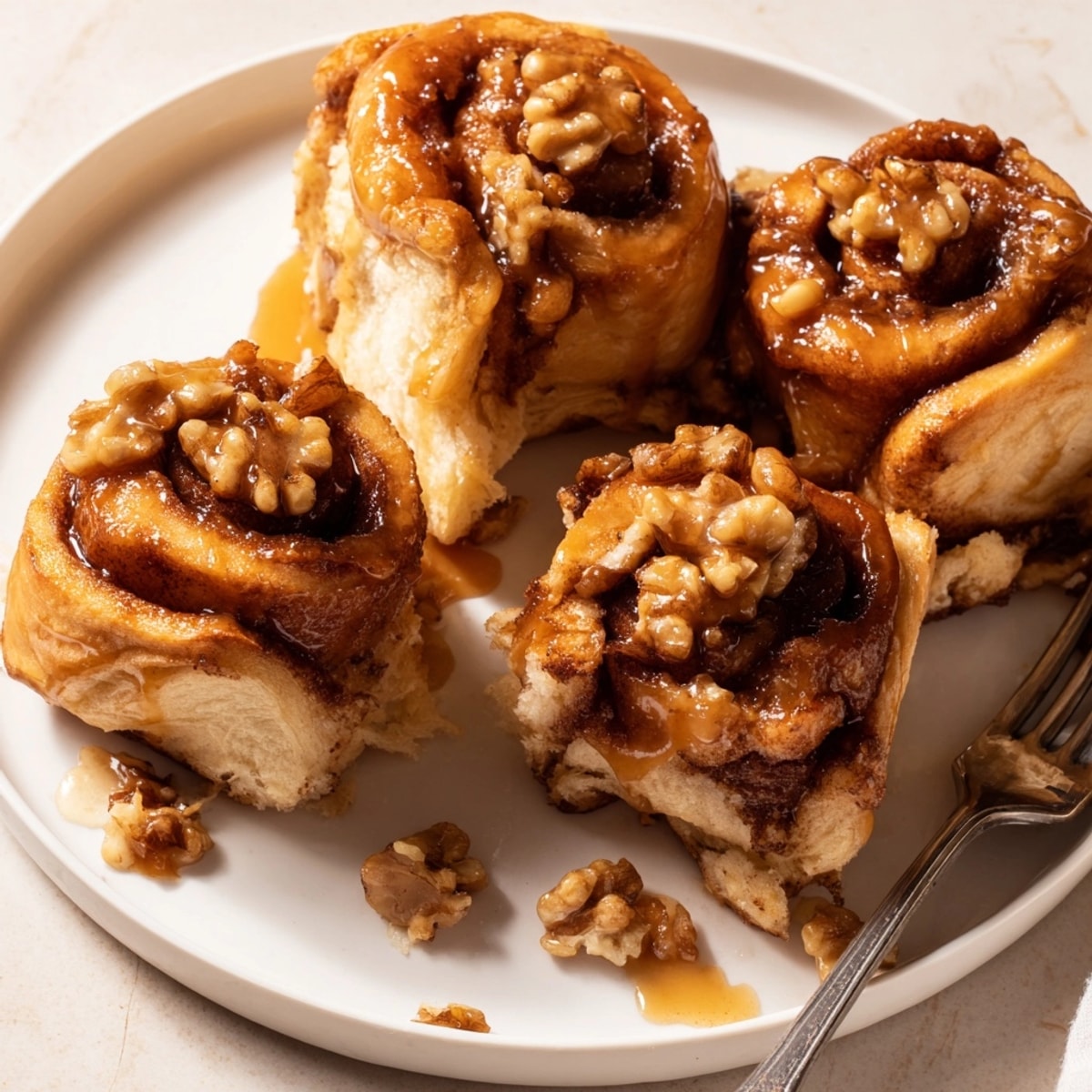 Warm, gooey Cinnamon Maple Walnut Sticky Buns with crunchy walnuts ready to be enjoyed.