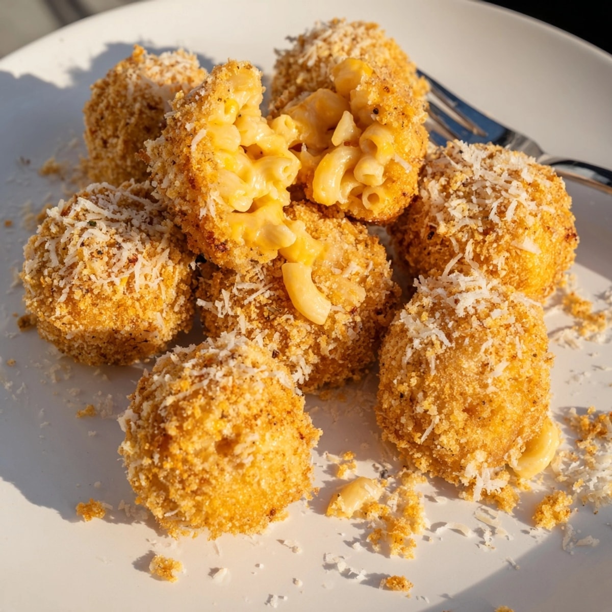 Crispy golden Cheesy Mac and Cheese Rice Balls fresh from the fryer, ready to eat.