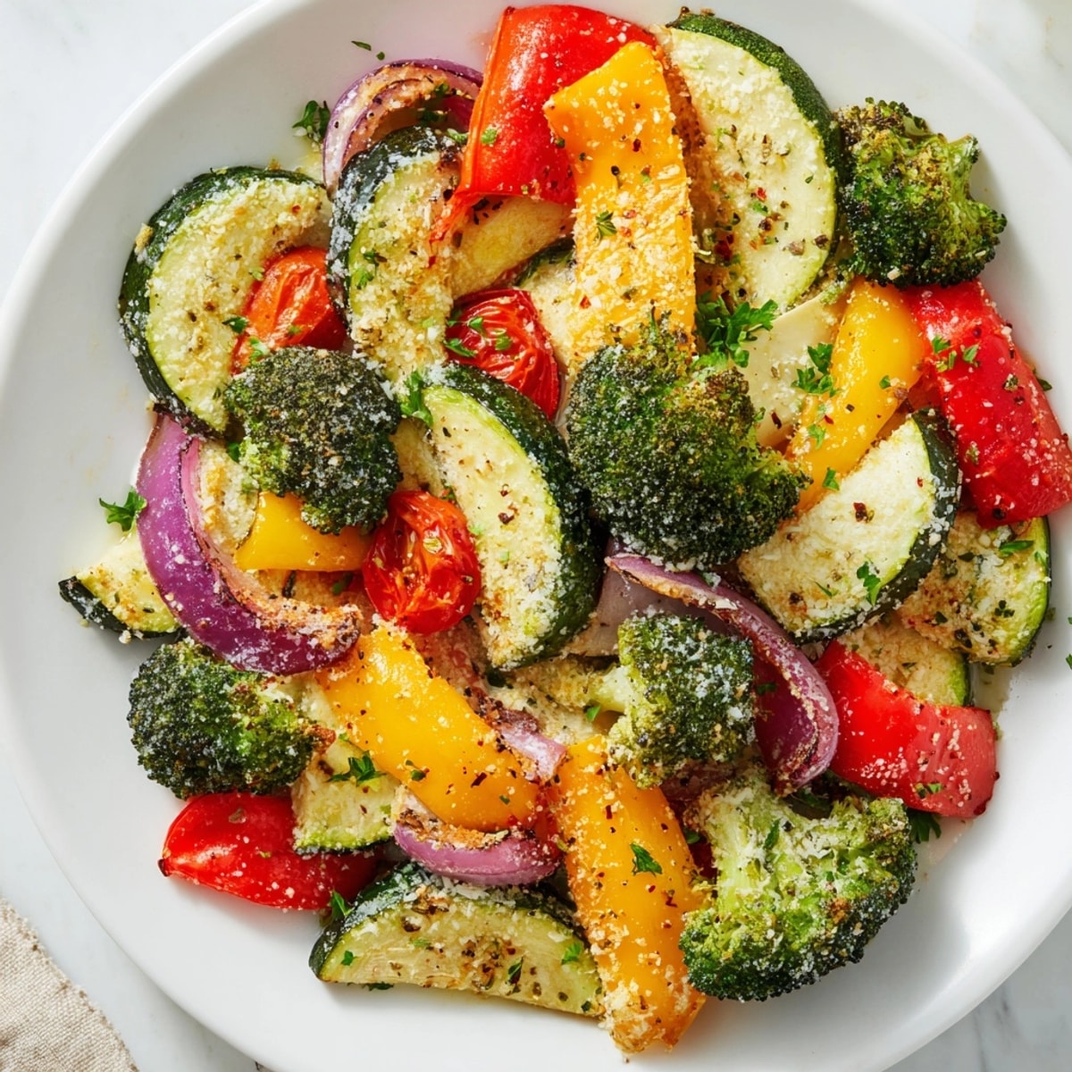 Golden Garlic Parmesan Roasted Veggies glistening, fresh from the oven, ready to serve.