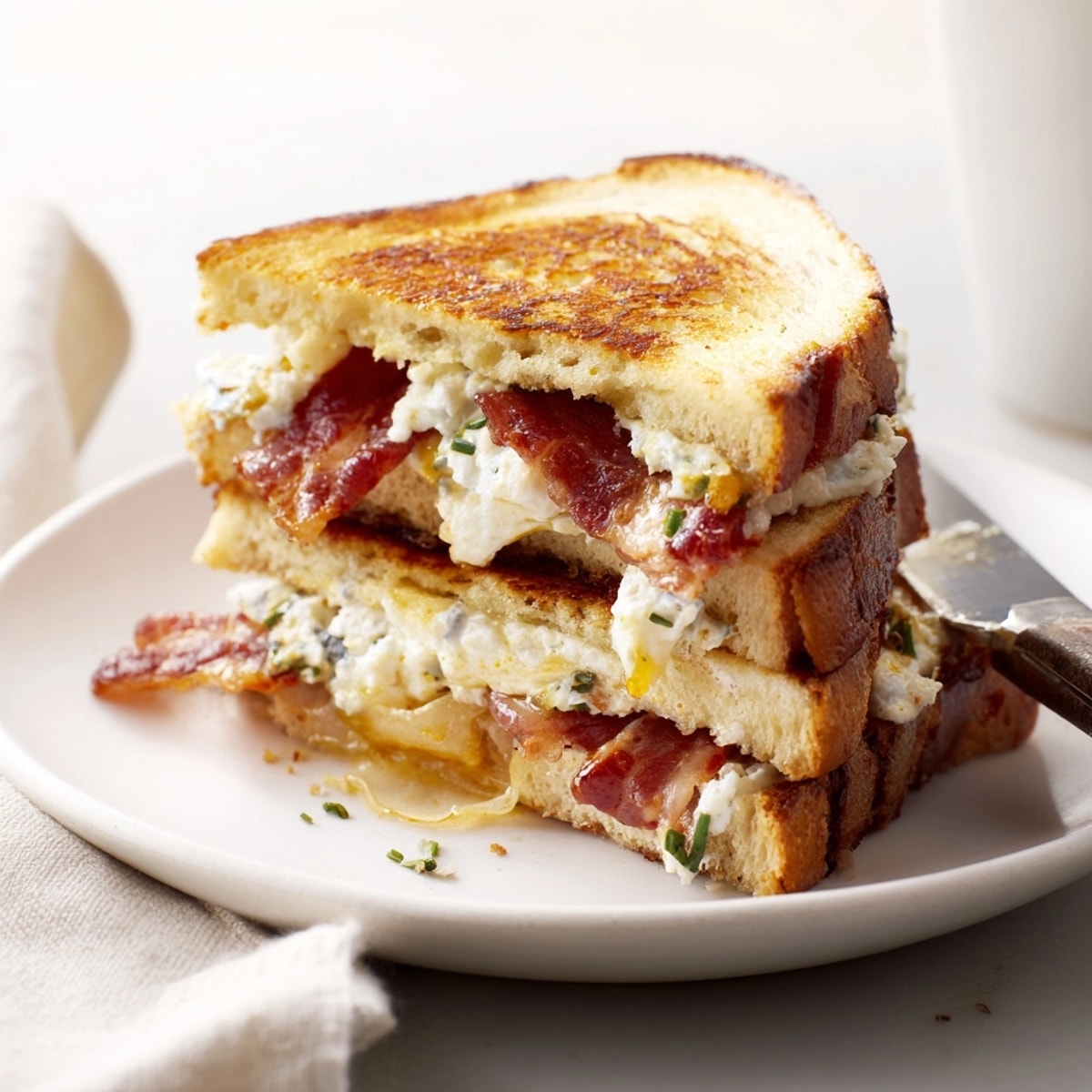 Close-up of a warm Ricotta Bacon Breakfast Grilled Cheese showing layered filling and crispy bread.
