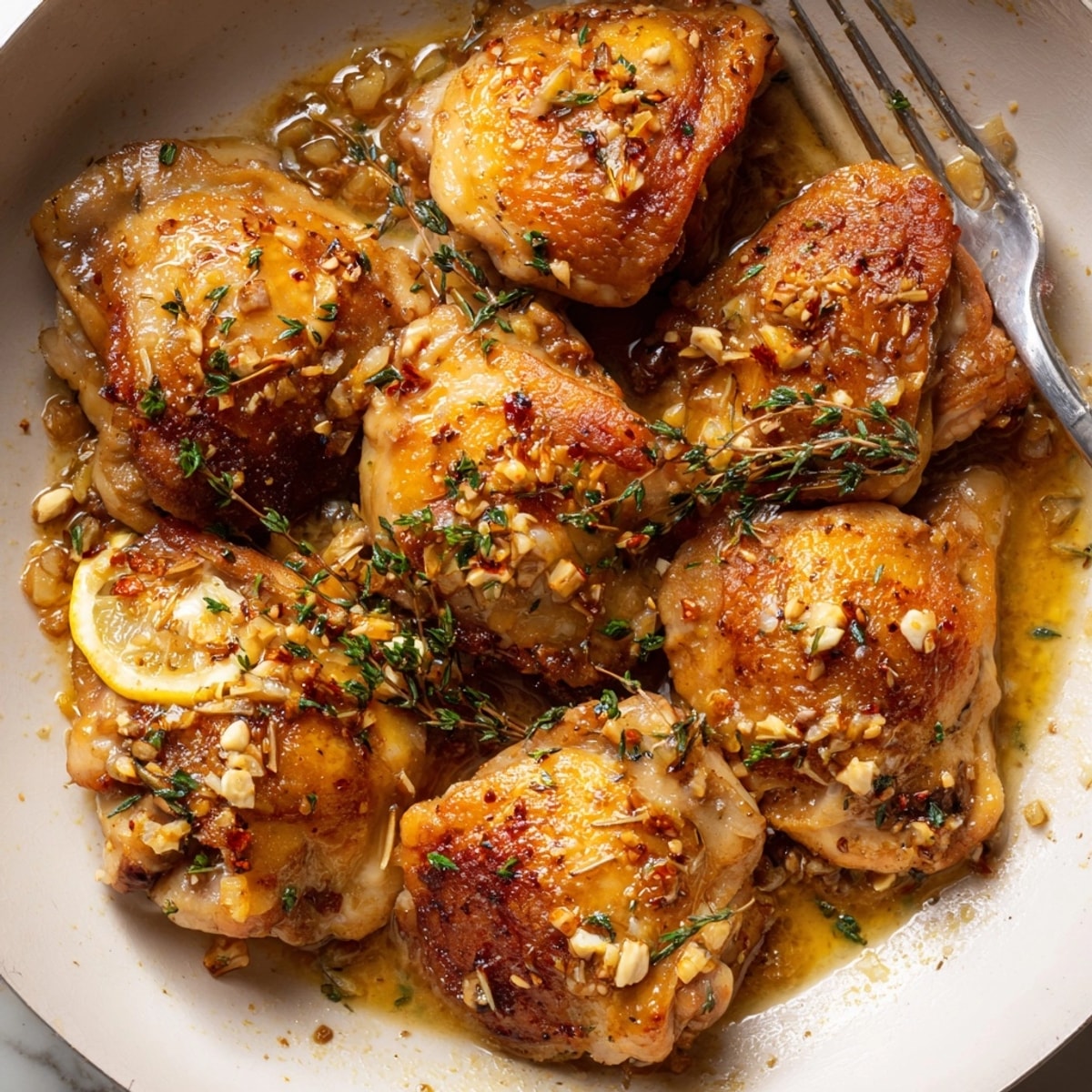 Close-up of luscious Garlic Brown Butter Chicken Thighs shimmering in a buttery herb sauce.