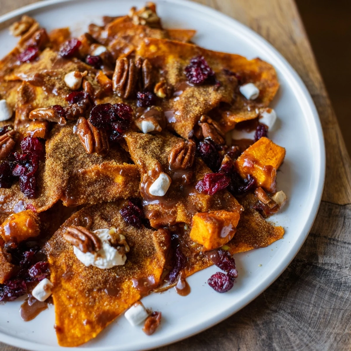 Festive dessert nachos with roasted sweet potatoes and cranberry toppings for holidays.  