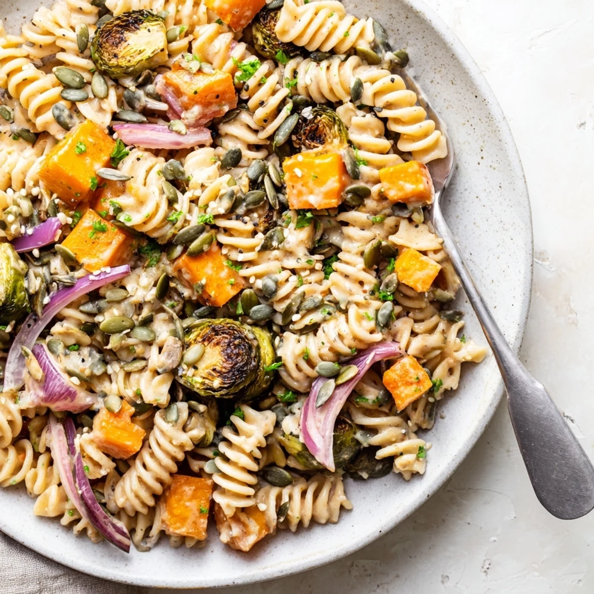 Vibrant Miso Pasta Salad with Fall Veggies drizzled in creamy dressing and garnished.