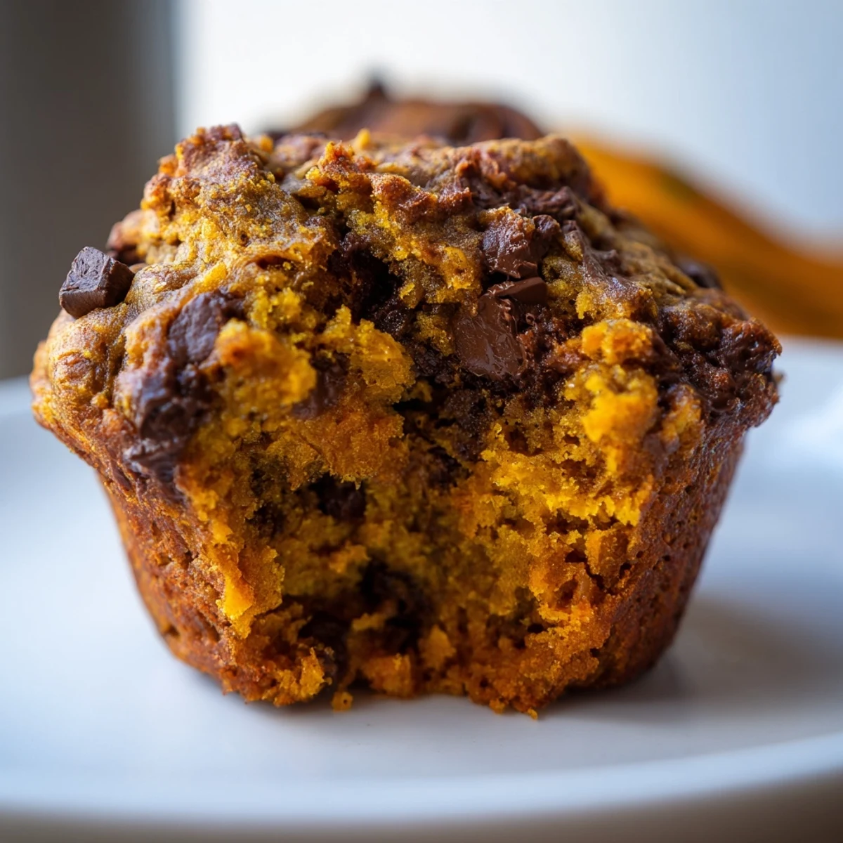 Moist sweet potato pumpkin chocolate chip muffins, perfect for breakfast or a snack.  