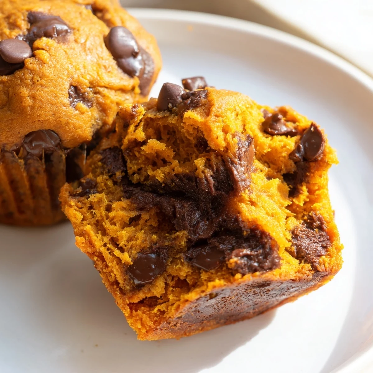 Warm, vibrant sweet potato pumpkin chocolate chip muffins filled with gooey chocolate chunks.