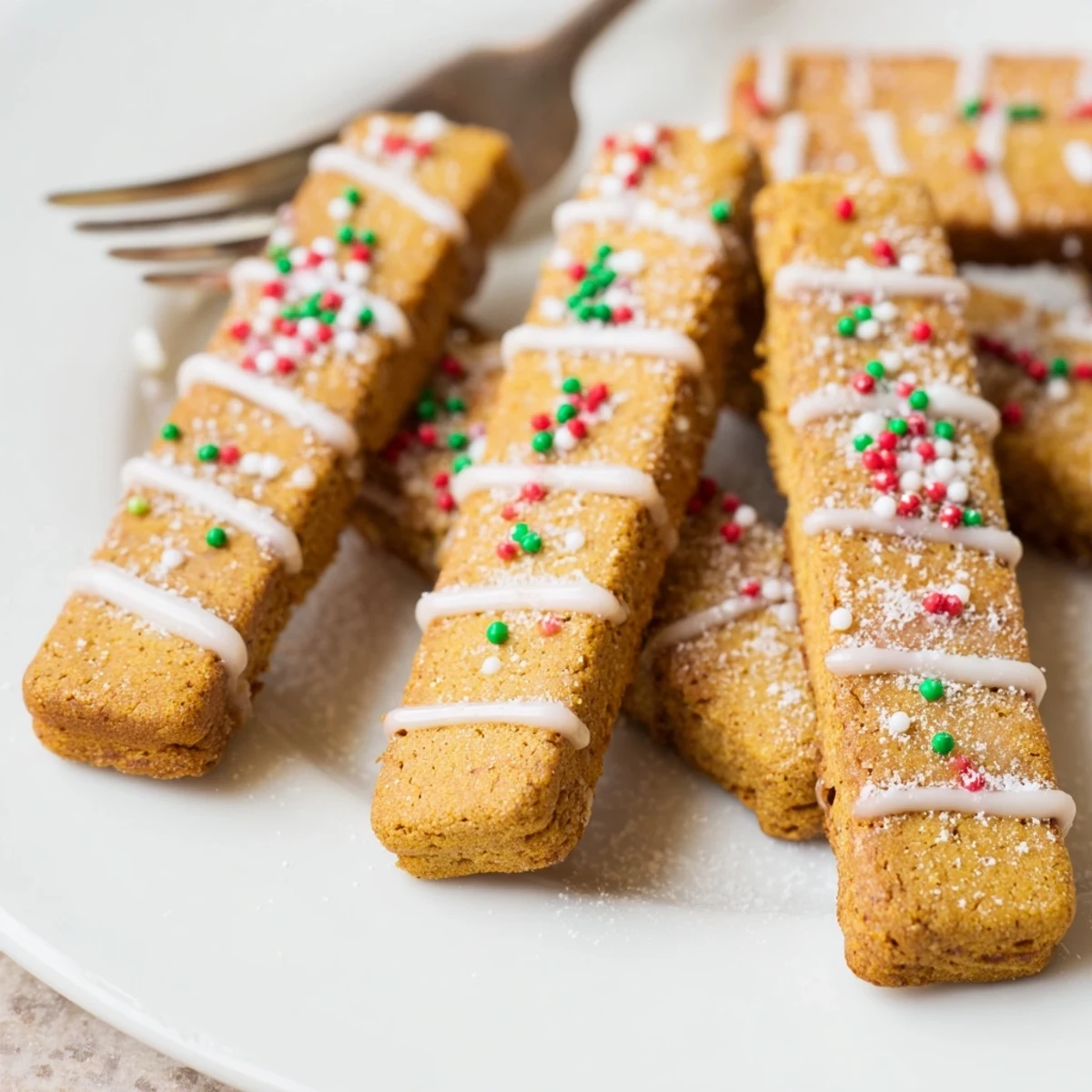 Festive Gingerbread Christmas cookie sticks arranged on a plate, ready for holiday gifting.