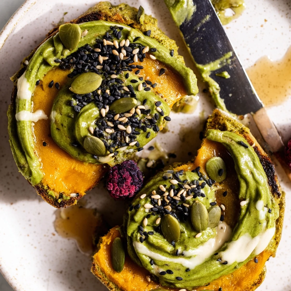 Fluffy matcha pumpkin muffin toasts, adorned with cream cheese and crunchy toppings.