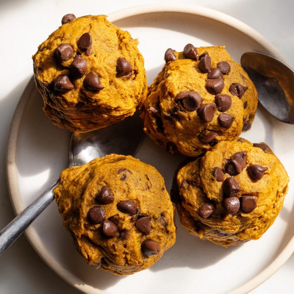 Soft vegan pumpkin chocolate chip muffin cookies with warm spices and rich chocolate.  