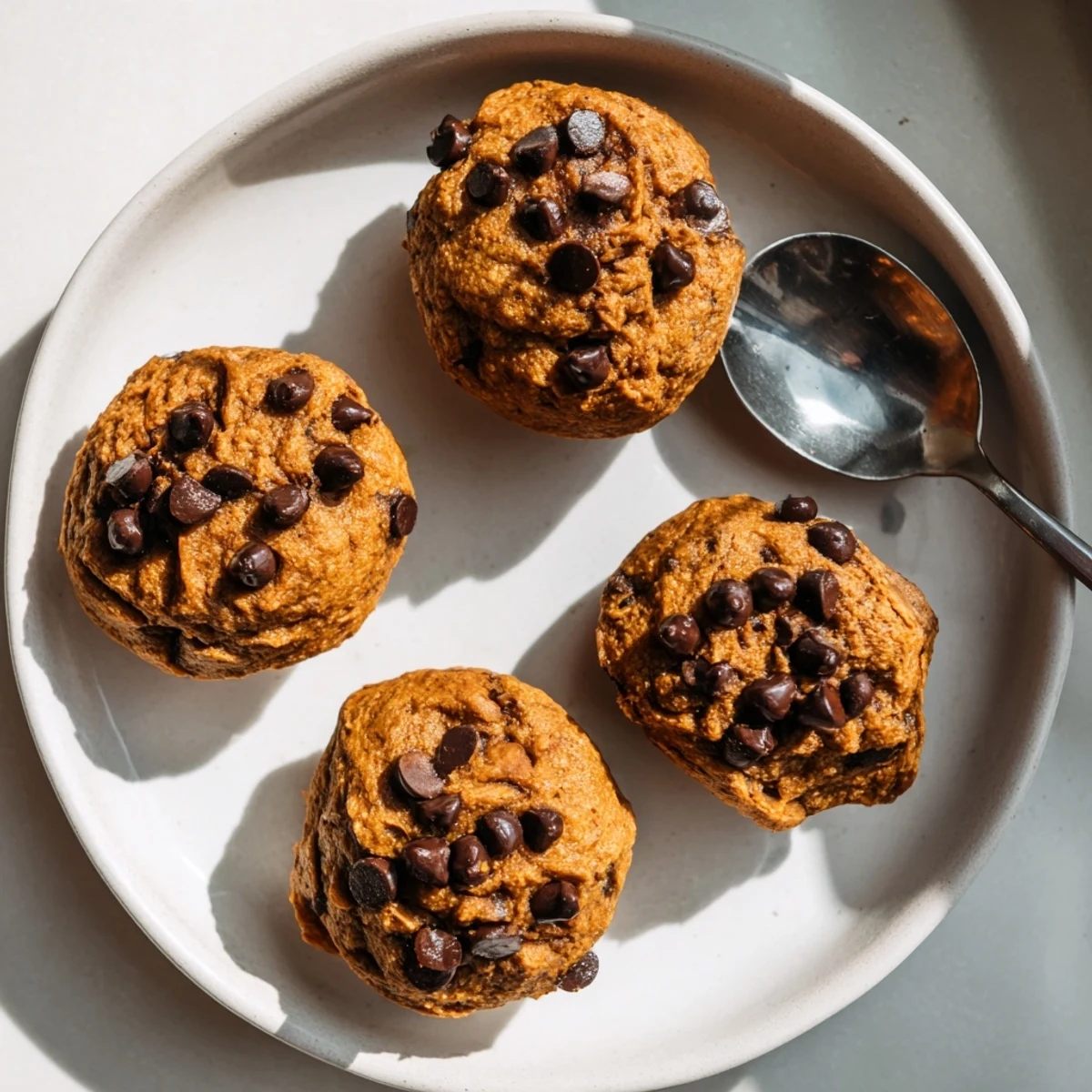 Homemade vegan pumpkin chocolate chip muffin cookies, delightfully soft and packed with flavor.