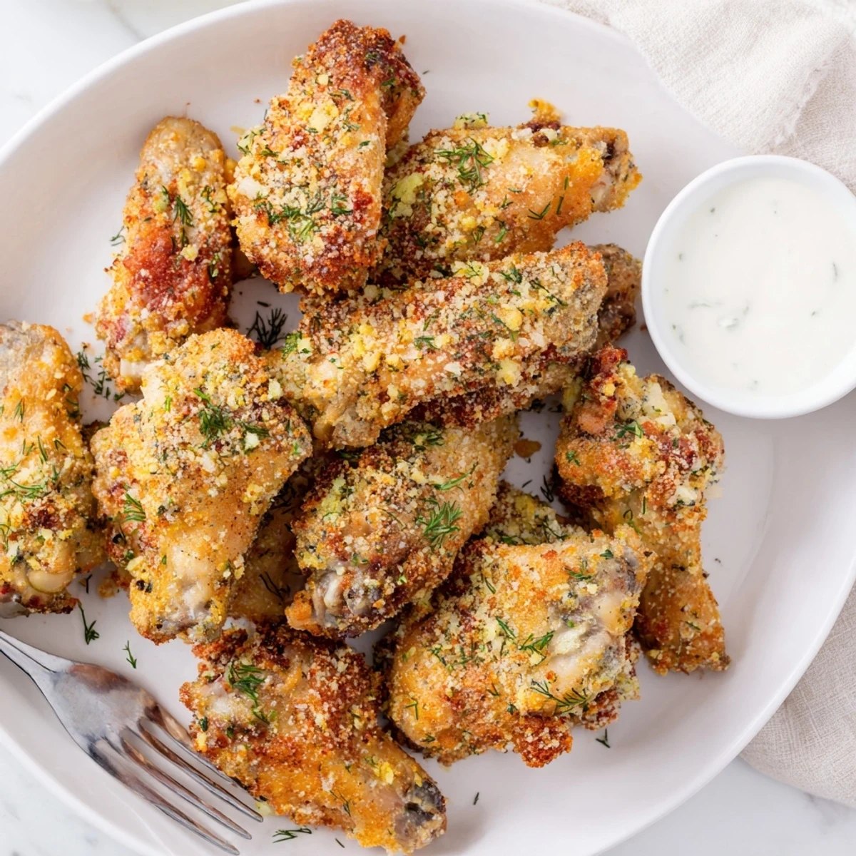 Golden brown chicken wings slathered in spicy dill pickle ranch, an irresistible snack.  