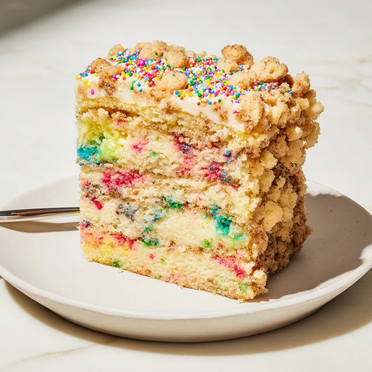 Light and fluffy Funfetti Cinnamon Soda Streusel topped with crunchy cinnamon streusel.  