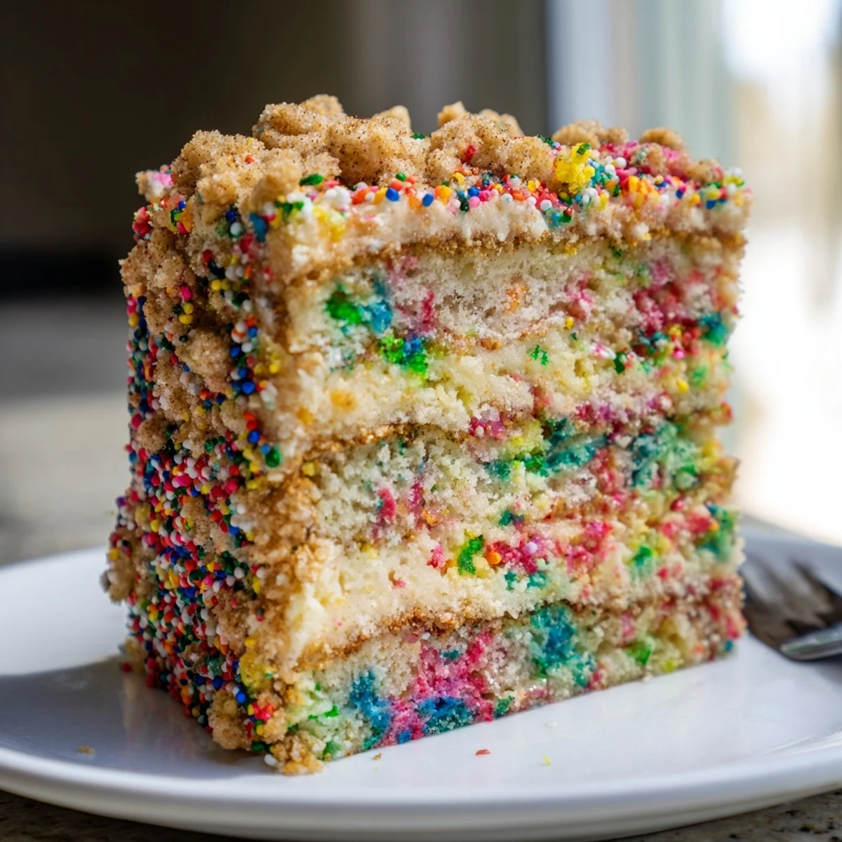 Colorful Funfetti Cinnamon Soda Streusel cake, perfect for brunch or festive desserts.  