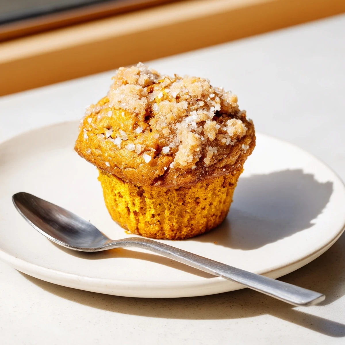 Golden-brown Sweet Tea Pumpkin Pie Muffins topped with coarse sugar for extra crunch.