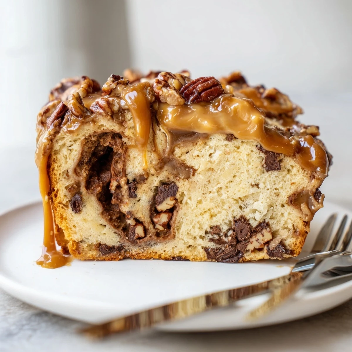 Savor the decadent Caramel Pecan Cookie Dough Loaf, perfect with a scoop of ice cream.