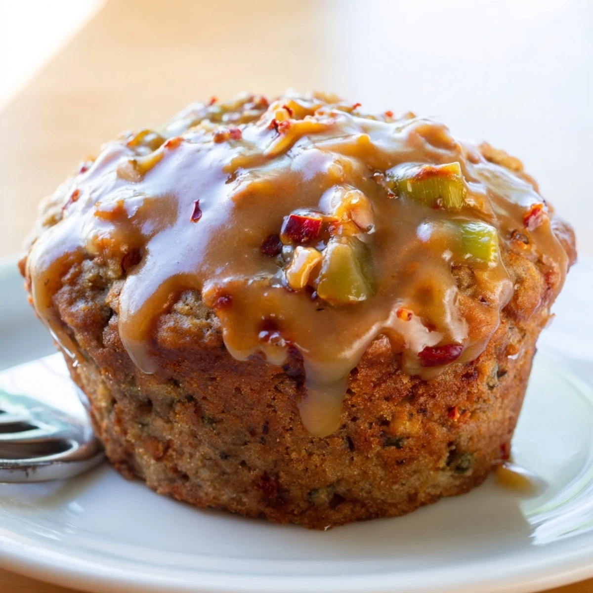 Maple Glazed Chili Pickle Muffins topped with sweet glaze, a unique spicy treat.  
