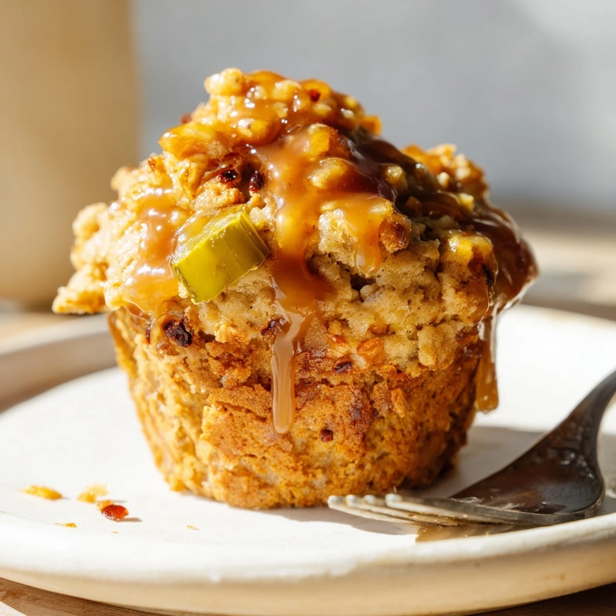 Flavorful muffins featuring dill pickles and chili flakes, drizzled with maple sweetness.  