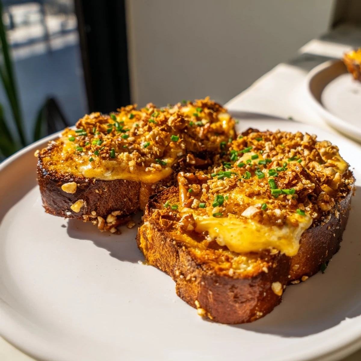 Savory Cheddar Pretzel French Toast topped with fresh chives and hot sauce.  