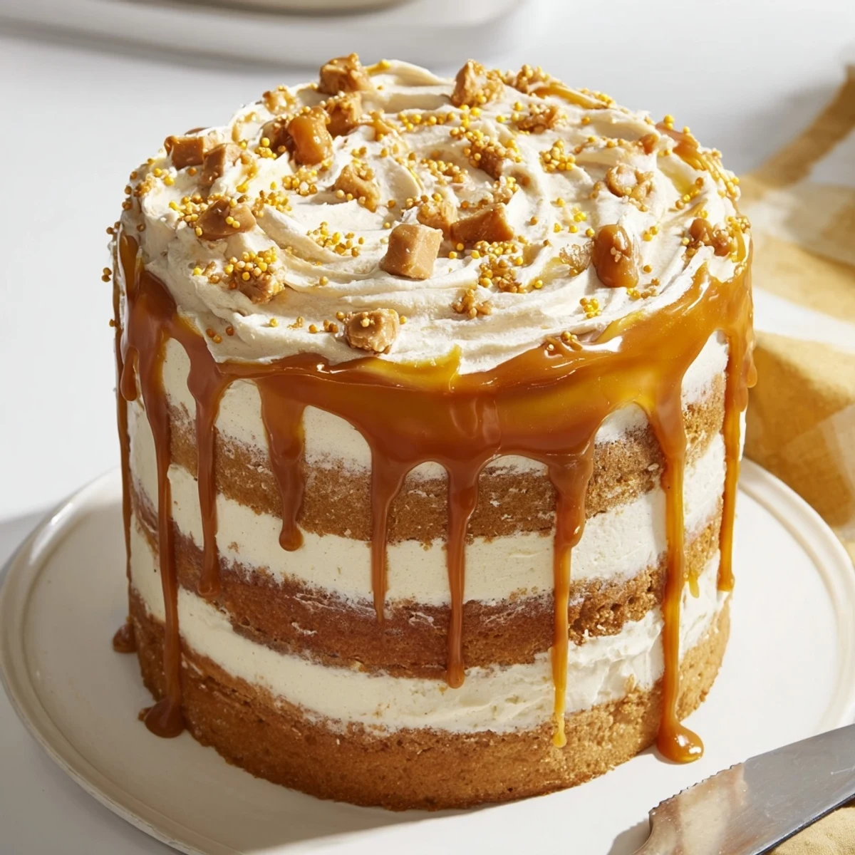 Whimsical Messy Butterbeer Birthday Cake layered with fluffy frosting and butterscotch drizzle.