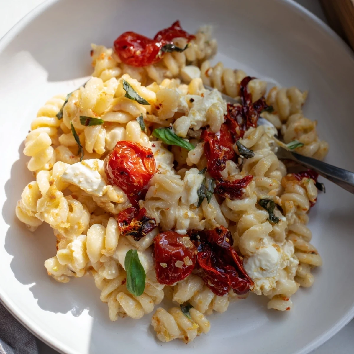 Creamy Baked Feta Pasta with sweet caramelized onions and vibrant tomatoes.  