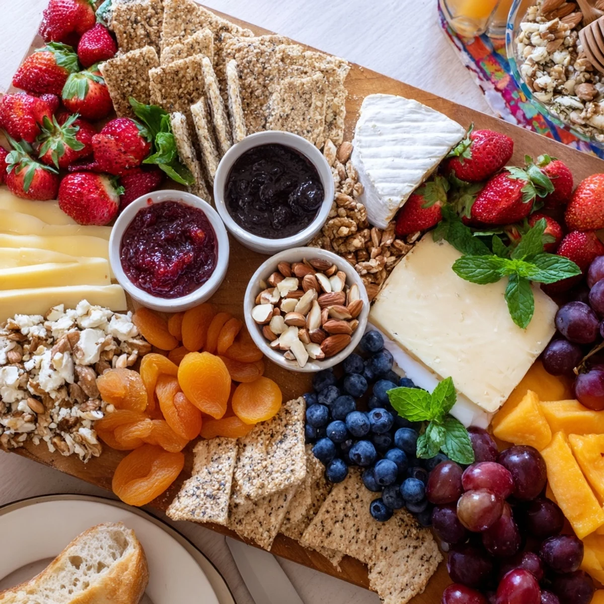 A colorful Jam-Infused Brunch Board featuring fresh fruits and artisan cheeses.  