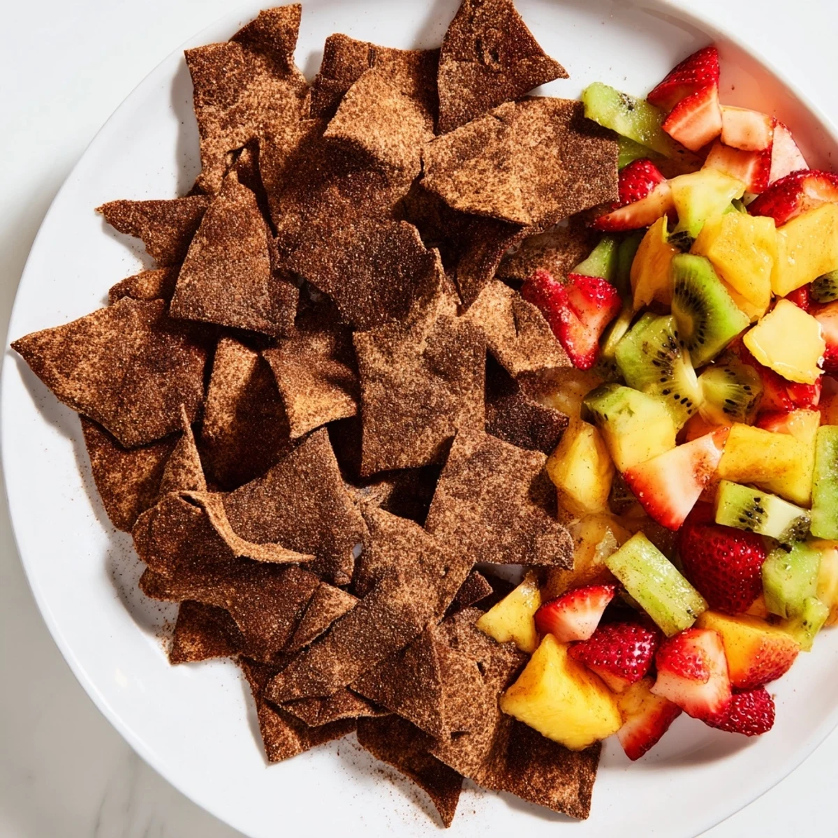 Crispy chocolate tortilla chips served with vibrant fruit salsa for dipping.  