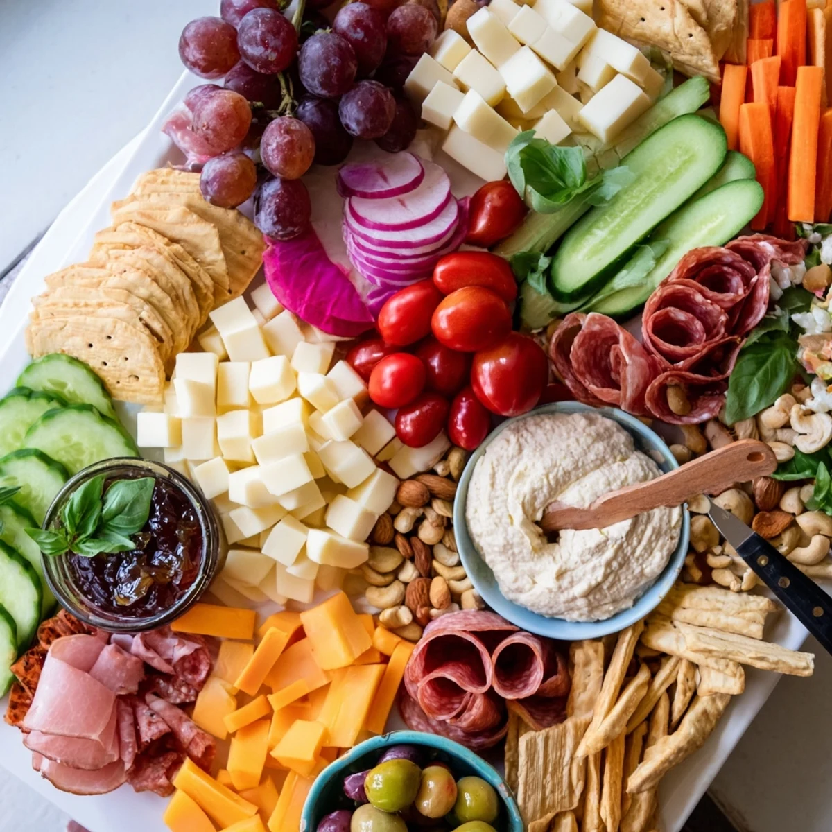 A vibrant girl dinner platter with assorted cheeses, fruits, and savory dips.