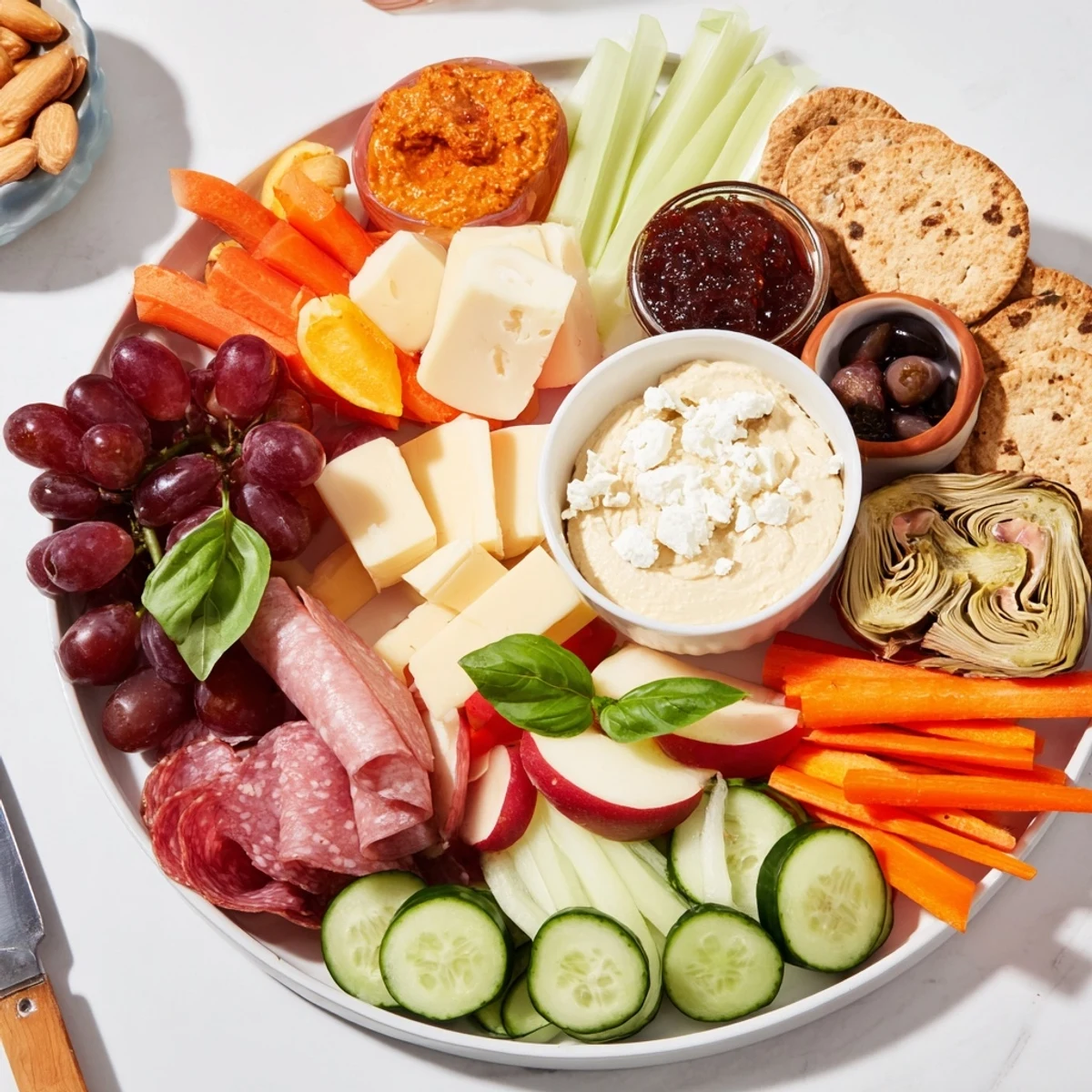 Colourful, customizable girl dinner platter featuring fresh veggies, crunchy nuts, and cheeses.