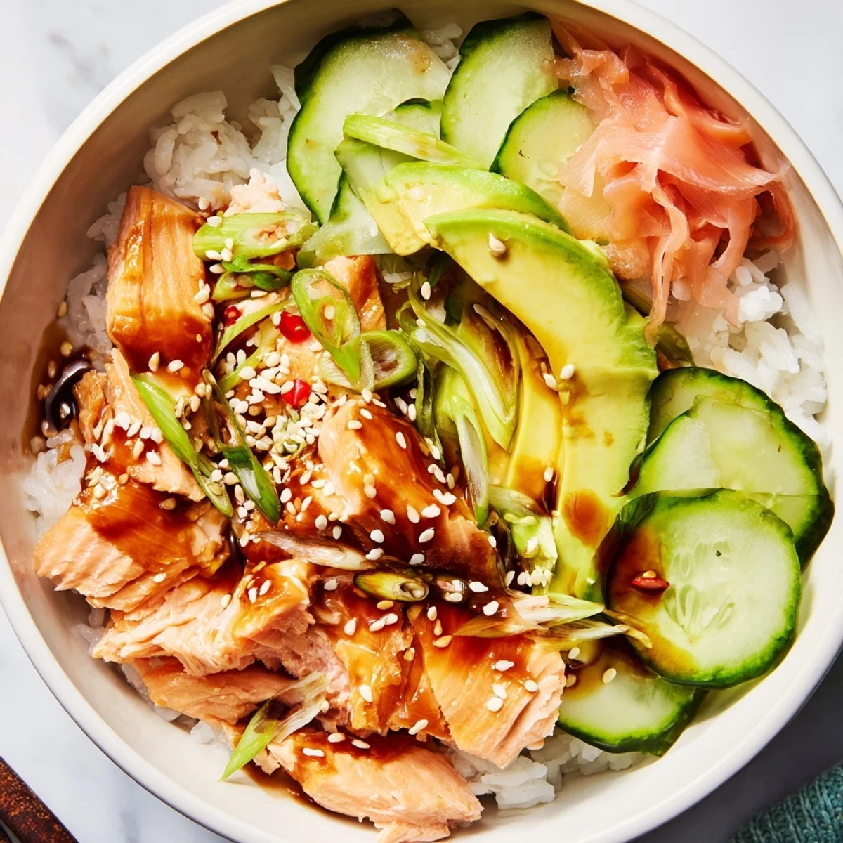 Delicious leftover salmon and rice bowl topped with fresh avocado and cucumber slices.  