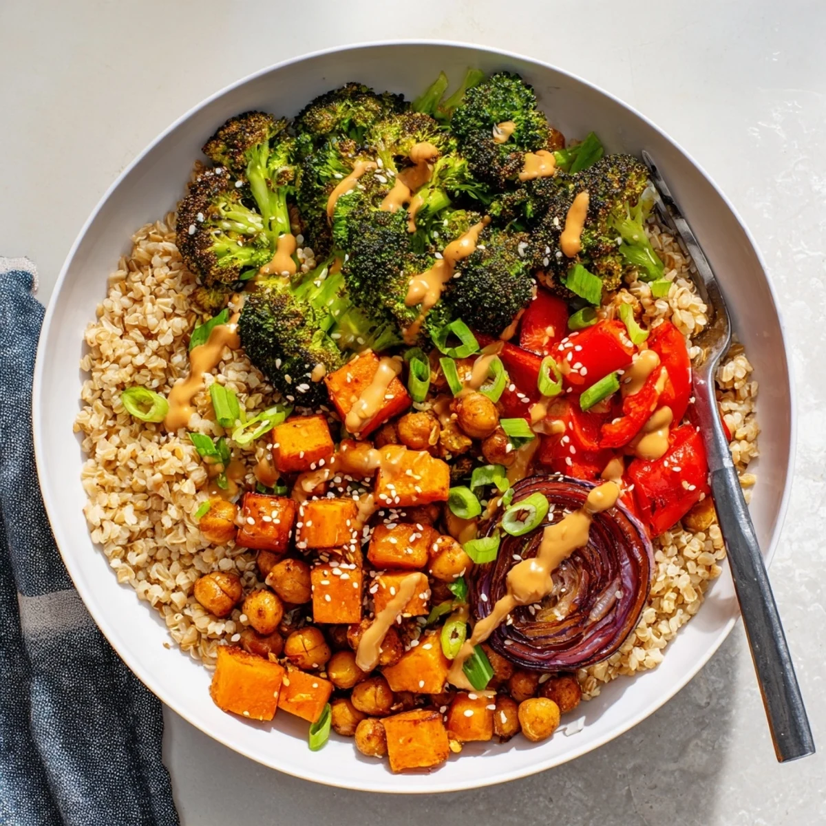 Vibrant Bold Sauce Drizzle Bowls topped with roasted veggies and creamy miso-butter sauce.  