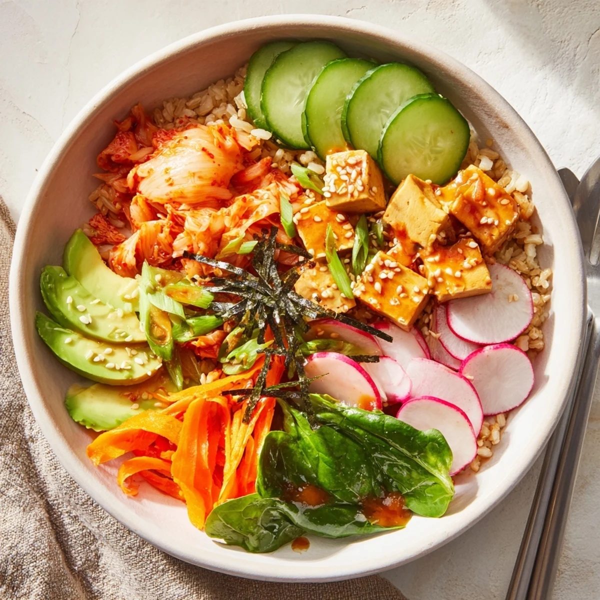 A colorful fermented vegetable bowl showcasing kimchi, fresh greens, and hearty grains.  