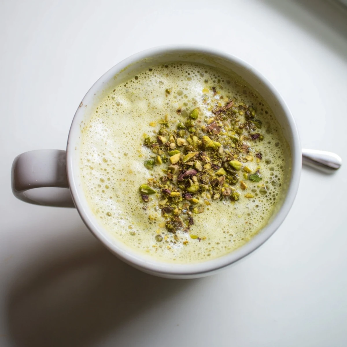 Creamy pistachio milk latte topped with crushed nuts, perfect for coffee lovers.  