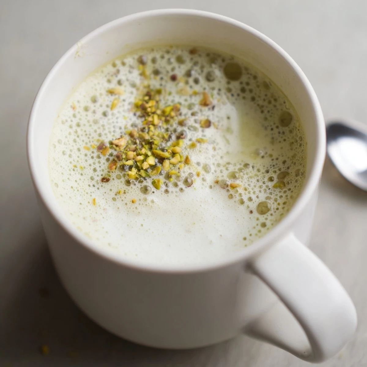 Homemade pistachio milk latte with espresso, garnished for a rich flavor experience.  