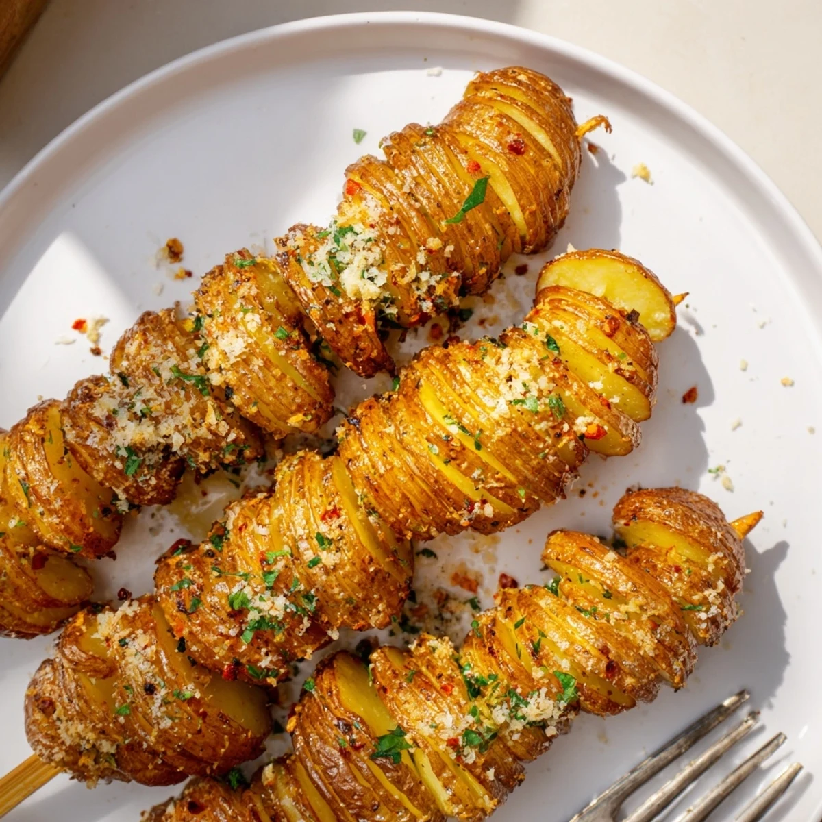 Crispy air-fryer tornado potatoes garnished with herbs and spices on skewers.