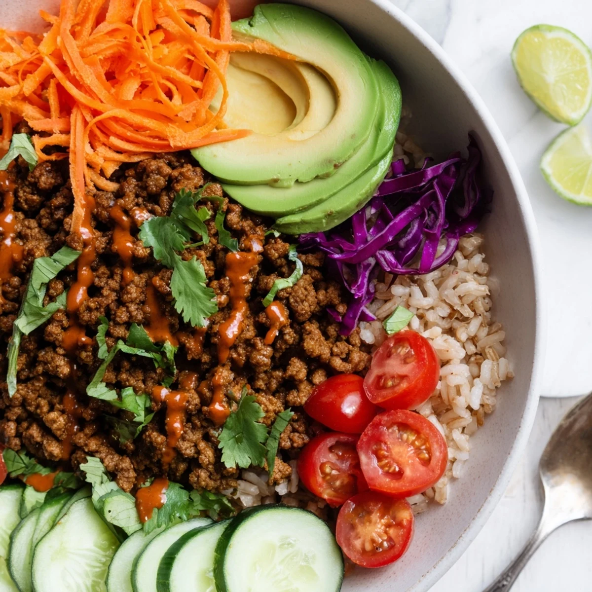 A colorful plant-based meat bowl with fresh veggies and lime wedges.  