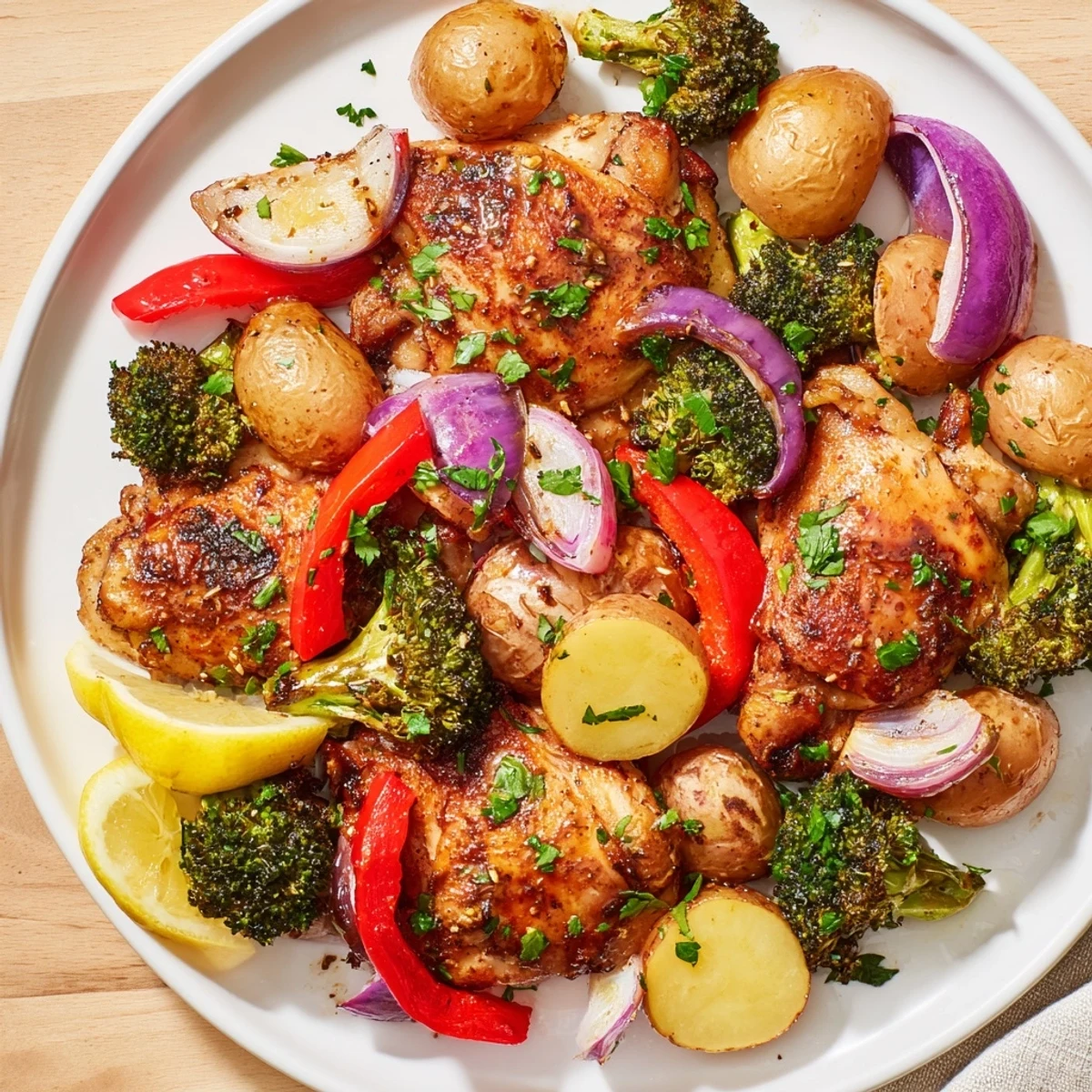Succulent Lazy Gourmet Chicken & Vegetable One-Pot served with fresh parsley and lemon.  
