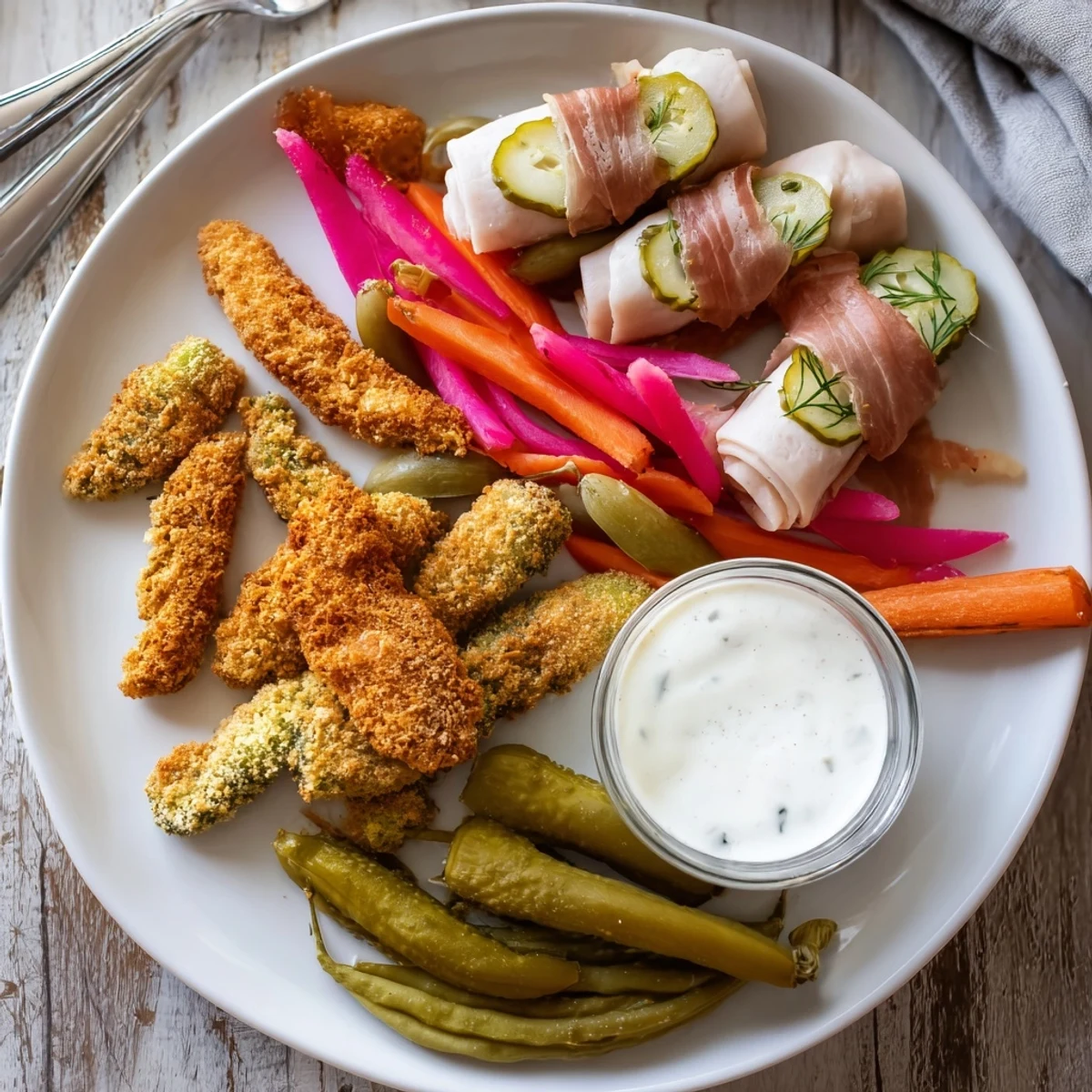Crispy fried pickles and pickled vegetables create a tangy Pickle Lovers Meal.  