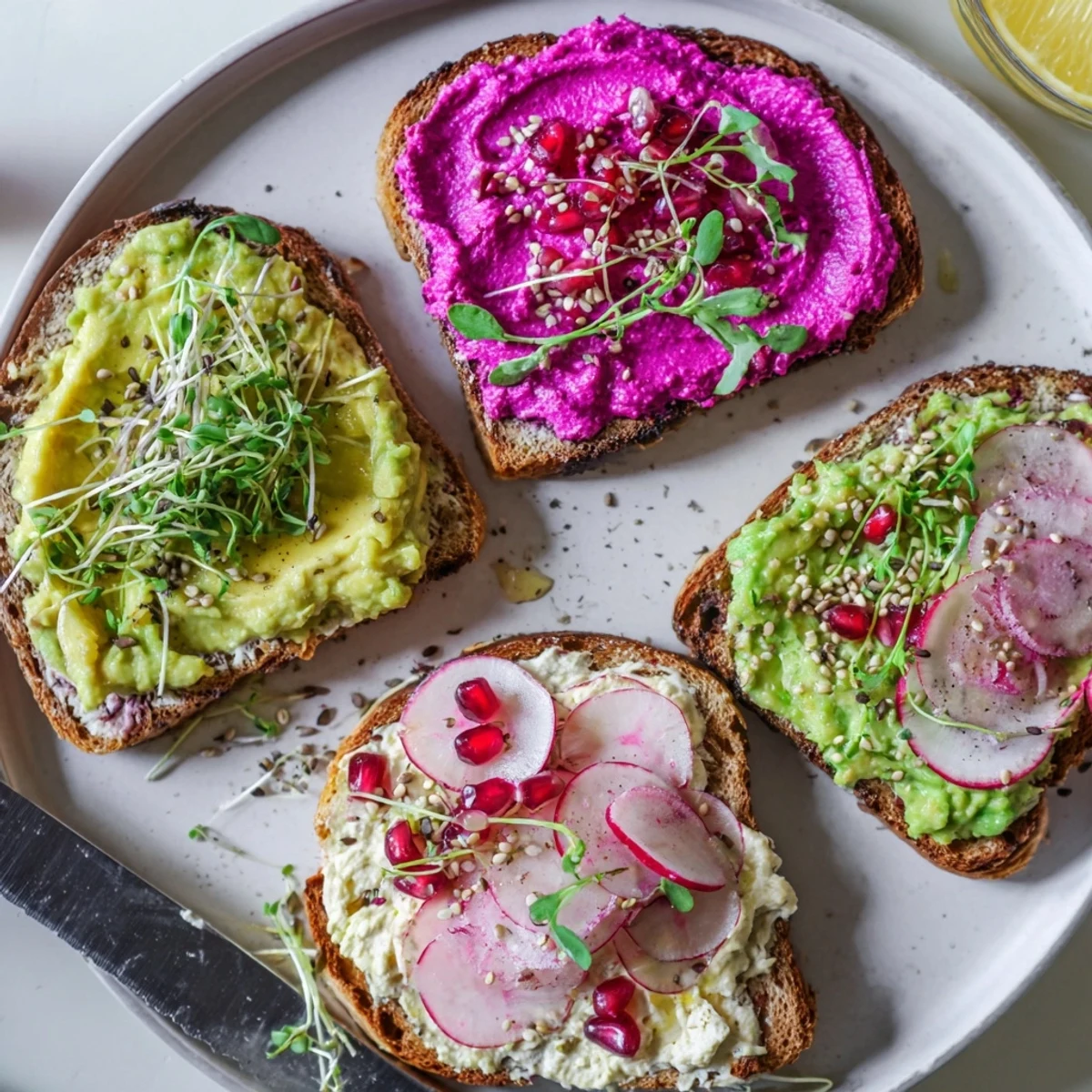 Vibrant Bright & Bold Breakfast Toasts topped with ube, avocado, and fresh garnishes.  