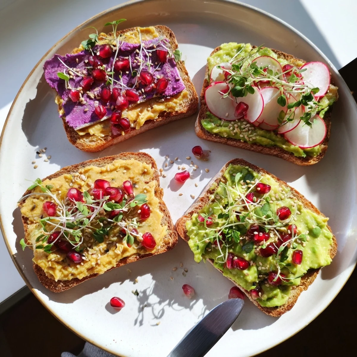 Colorful breakfast toasts featuring ube spread, avocado, and crunchy radish for texture.  