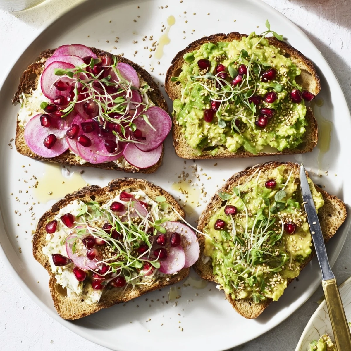 Delicious Bright & Bold Breakfast Toasts drizzled with olive oil and sprinkled sesame seeds.