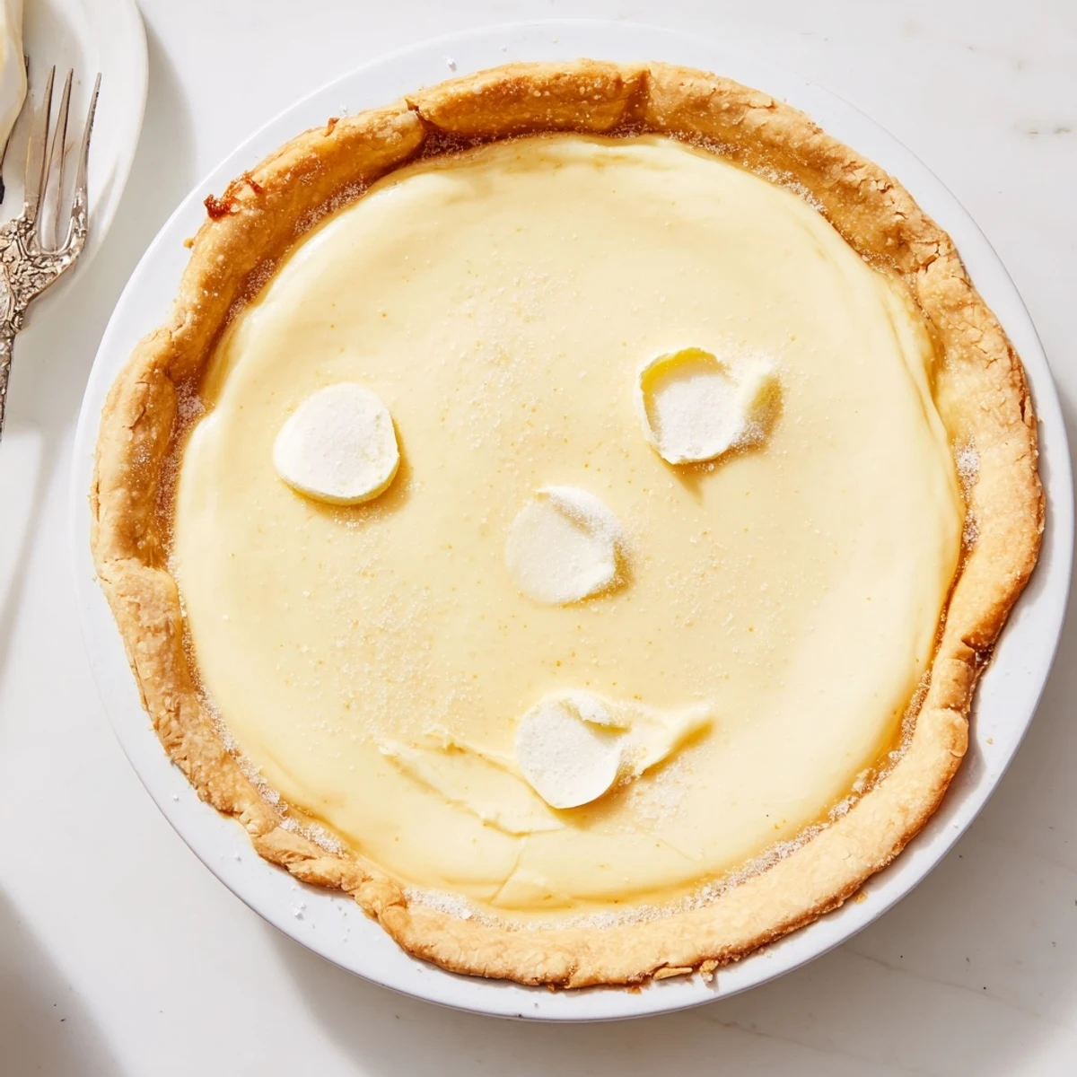 Sliced water pie ready to serve, showcasing its custard-like filling and crispy edges.