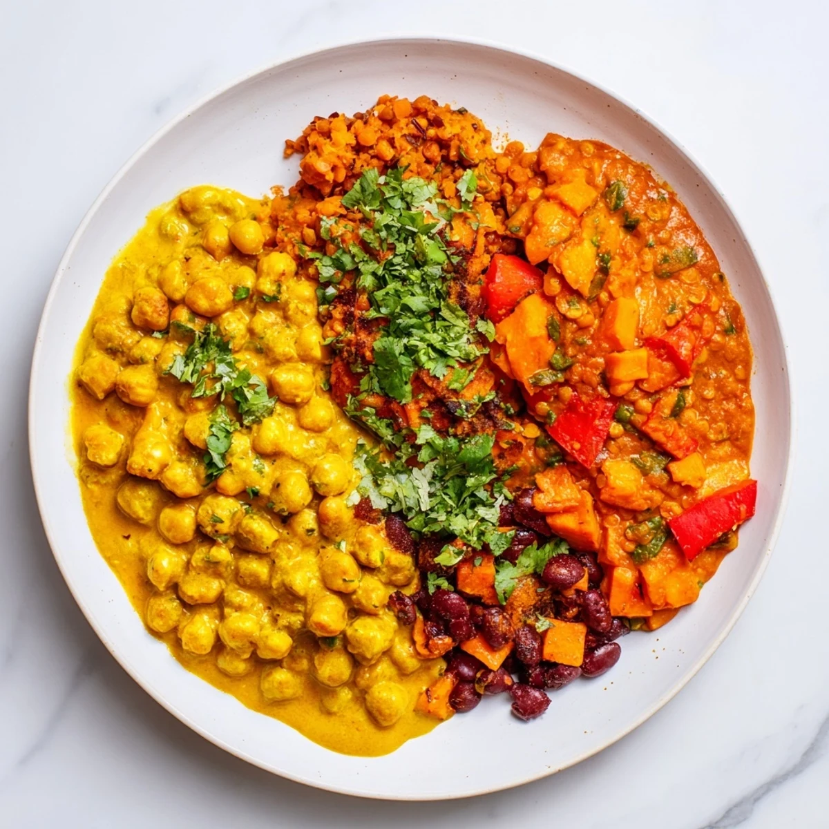 Hearty Caribbean sweet potato curry served with parsley and a touch of chili heat.