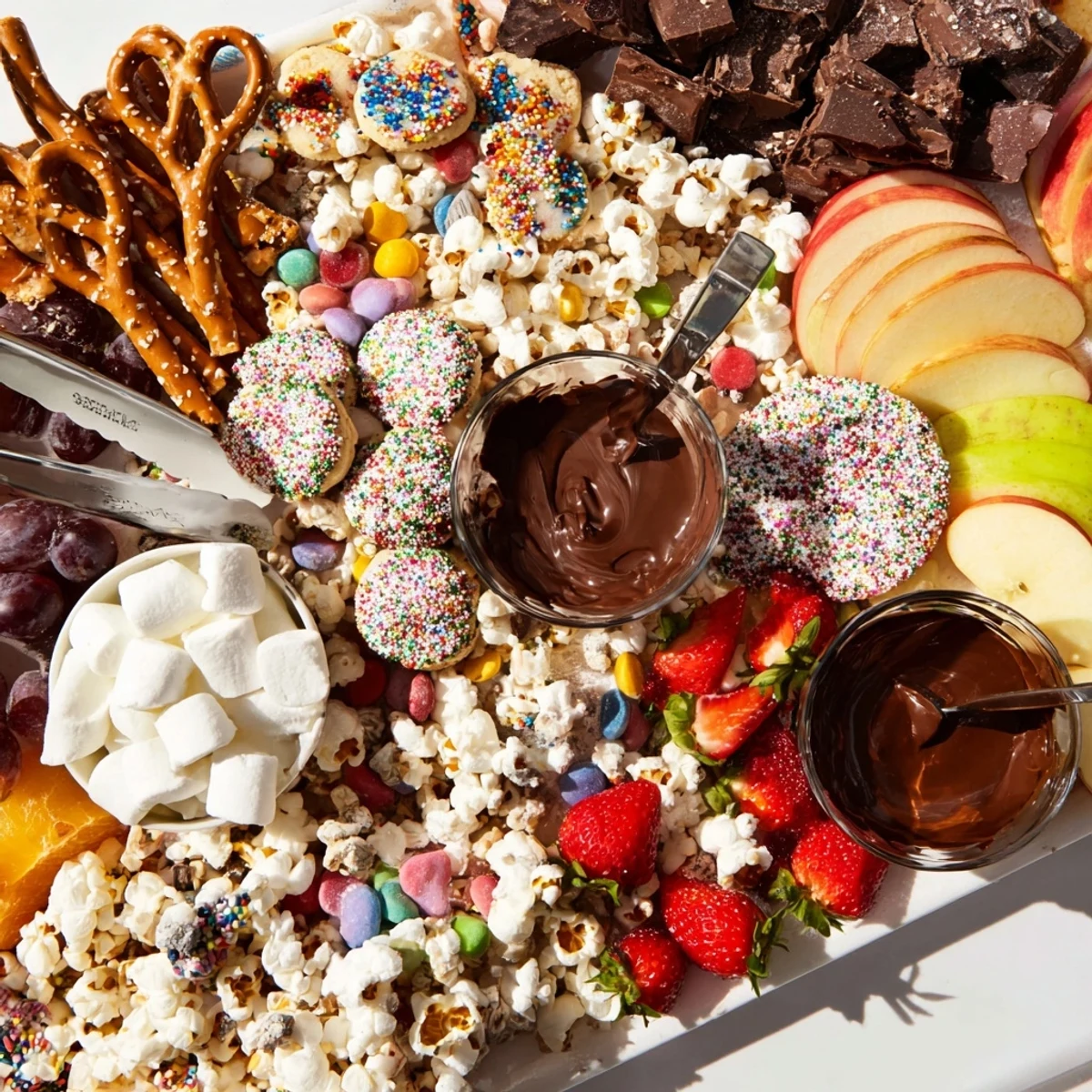 Festive dessert boards with cookies, fruits, and chocolate treats for sharing.  